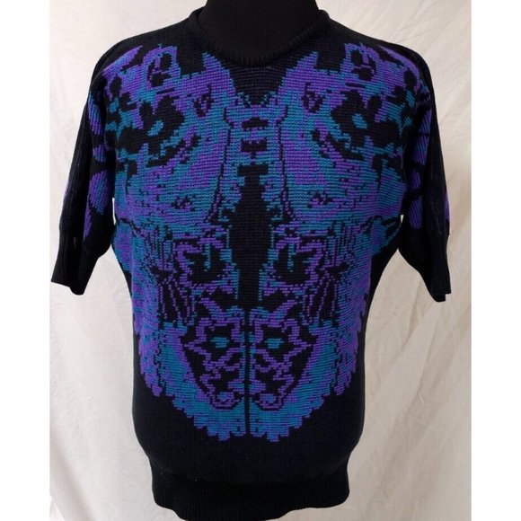 Leslie Fay Medium Black Purple Floral Aztec Tapered Body 3/4 Sleeves Sweater - Picture 14 of 14